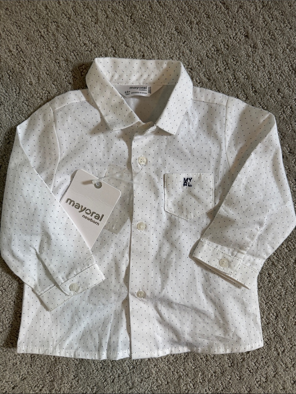 Mayoral White Button-Front Shirt with Tiny Navy Dots